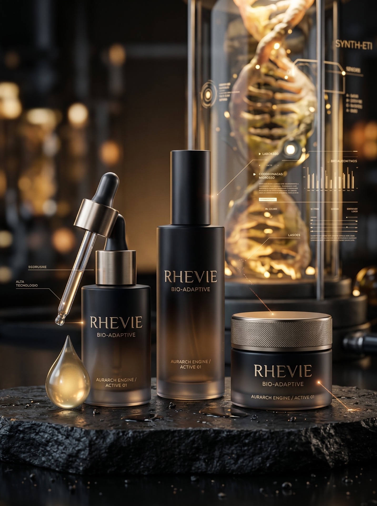 RHEVIE amber glass bottles with bronze droppers and an illuminated DNA glass cylinder