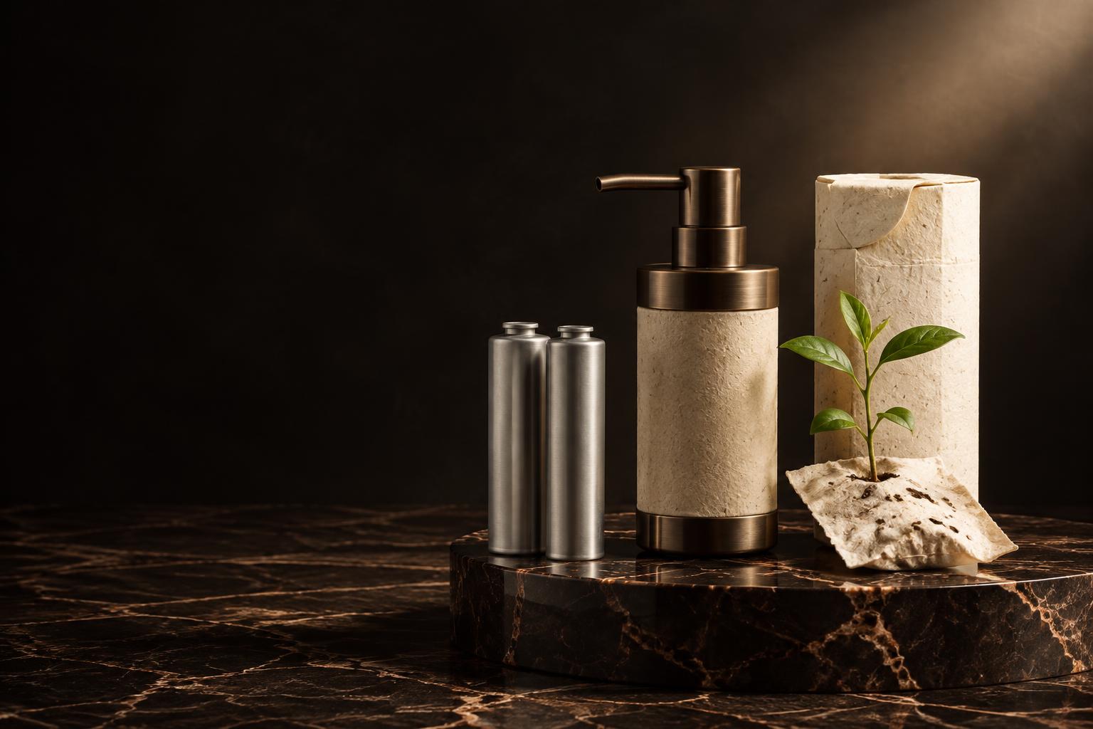 Bronze pump, recycled aluminum refills, seed paper and a growing plant on dark marble