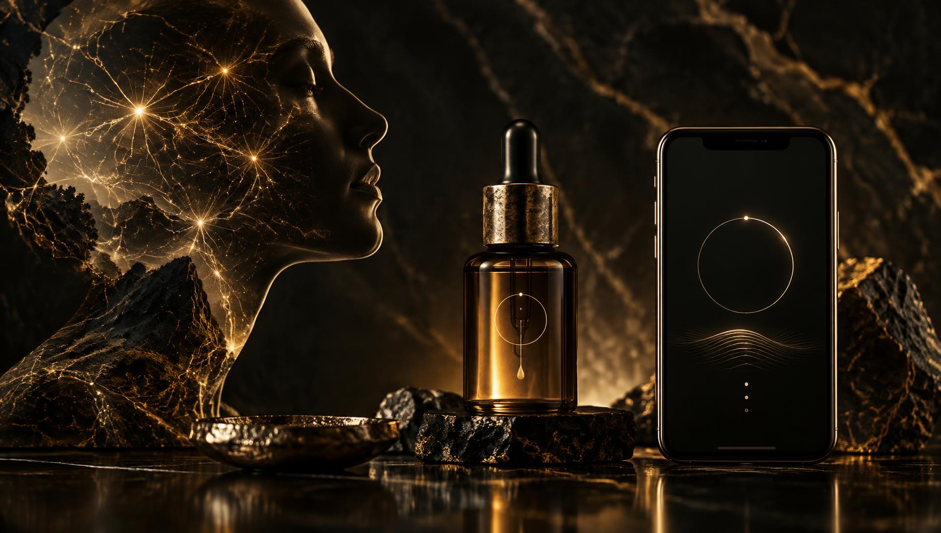 Golden neural silhouette beside an amber RHEVIE bottle and the companion app